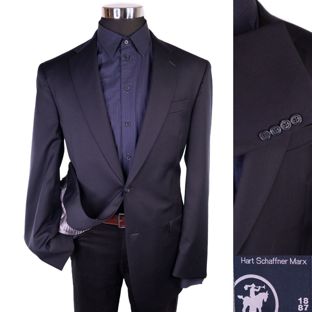 Hart Schaffner Marx Blazer Mens 42L Solid Blue Two Buttons Wool Suit Jacket Coat